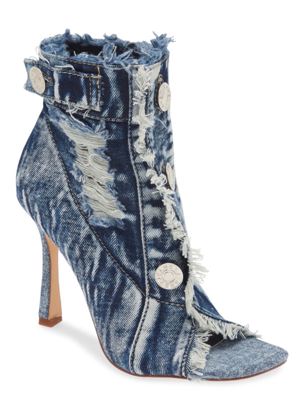 Azalea Wang Denim Distressed Open-Toe Stiletto Bootie - Blue 9